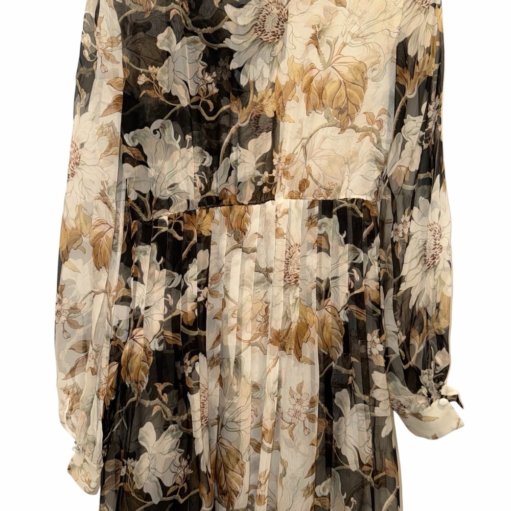 Oscar de la Renta Black Cream Midi Dress Silk Floral Tie Neck 6 Formal Wedding - Picture 11 of 15